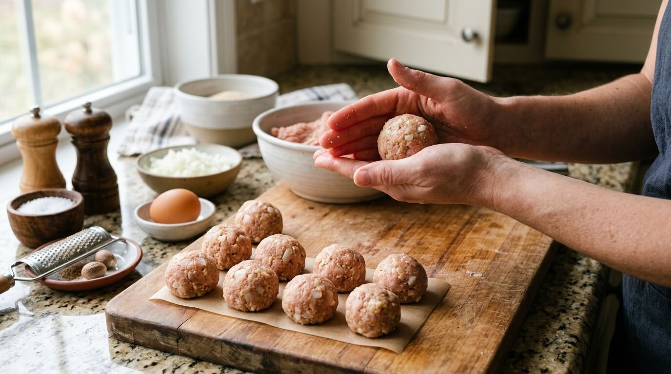 Formowanie pulpetów z mielonego mięsa z indyka